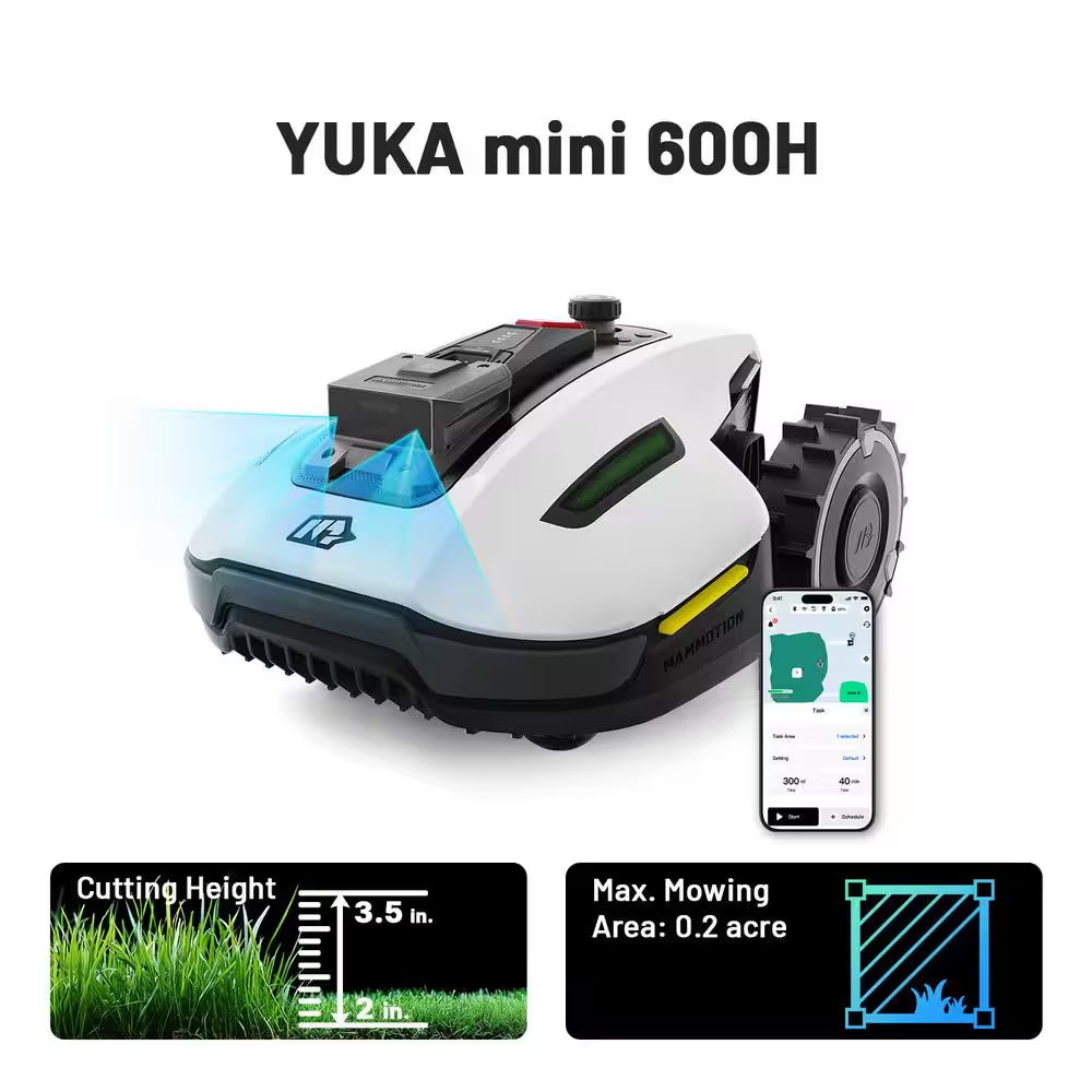 Yuka Mini 7.5 In. Robot Lawn Mower (1/4 Acre) Adjustable Cutting Height (2 In. - 3.5 In.), All Terrain, AI Vision