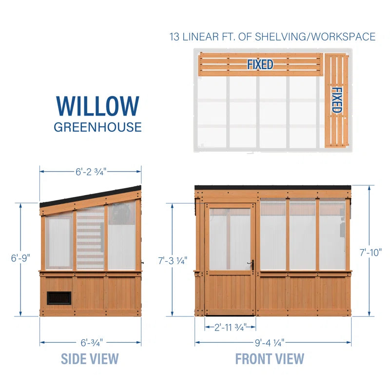 Willow 9' X 6' Cedar Wood and Polycarbonate Walk-In Outdoor Greenhouse Kit with Powerport