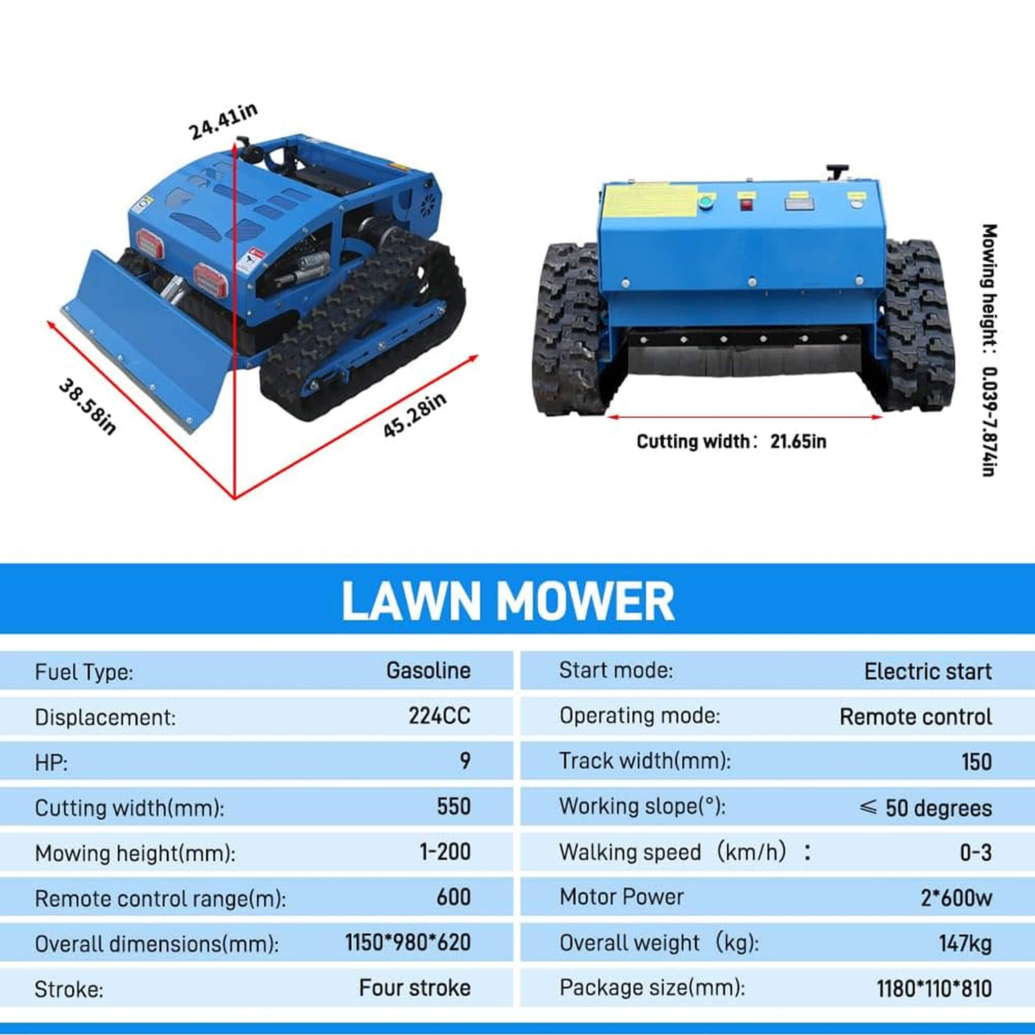 Heavy-Duty 21-Inch 9HP Remote-Controlled Robotic Lawn Mower With Tracks And Plow (SAK26583)